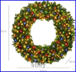 60in Large Artificial Pre-Lit Fir Christmas Wreath Holiday Accent Decoration