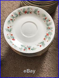 63 Pc Christmas Dish China Pearl Set Noel Green Red Holly Berry Service for 12