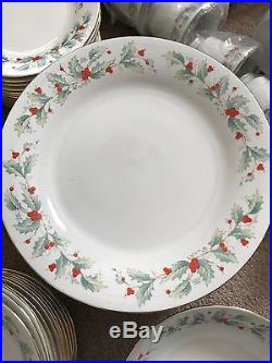 63 Pc Christmas Dish China Pearl Set Noel Green Red Holly Berry Service for 12