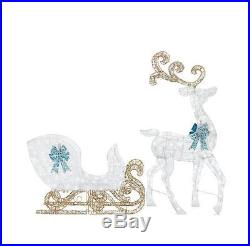 65 in. LED Lighted White Reindeer and 46 in. LED Lighted White Sleigh with Bow