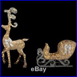 65 inch Christmas LED Lighted Gold Reindeer Sleigh Silver Yard Outdoor Decor