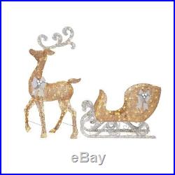 65 inch Christmas LED Lighted Gold Reindeer Sleigh Silver Yard Outdoor Decor