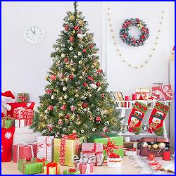 6FT Artificial Christmas Tree Green White Fir Tree with Base and Pine Cones