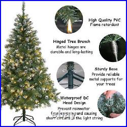 6FT Artificial Christmas Tree Green White Fir Tree with Base and Pine Cones
