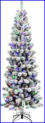 6Ft Pre-Lit Snow Flocked Pencil Christmas Tree, Artificial Slim Xmas Tree with 1
