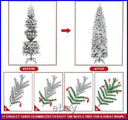 6Ft Prelit Flocked Pencil Christmas Tree, Artificial Skinny Slim Christmas Tree