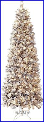 6Ft Snow Flocked Slim Pencil Christmas Tree Pre-Lit with Lights, Artificial Skin