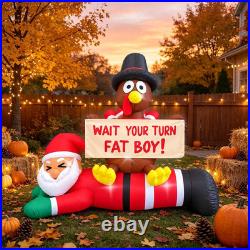 6.4 FT Thanksgiving Inflatable Turkey Sitting on Santa Claus Decoration, Light u