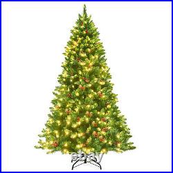6.5 Ft Pre-lit Hinged Christmas Tree with Pine Cones Red Berries & 450 LED Lights