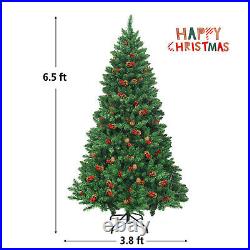 6.5 Ft Pre-lit Hinged Christmas Tree with Pine Cones Red Berries & 450 LED Lights