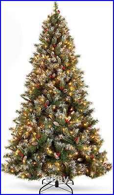 6/7.5FT Pre-Lit Christmas Tree Hinged Xmas Tree LED Lights Pine Cone & Red Berry