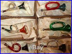 6 Boxed Vintage Mercury Glass Trumpet Horn Tuba Christmas Tree Decorations L11