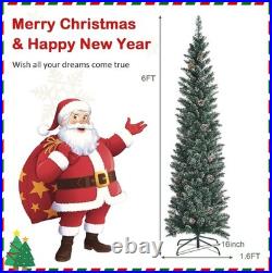 6 Feet Slim Pencil Christmas Tree, Snowy Artificial Xmas Tree with 267 PVC Br