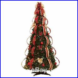 6 Ft Fully Decorated Christmas Tree Red Plaid Pre-Lit Pull-Up Pop-Up Easy Set