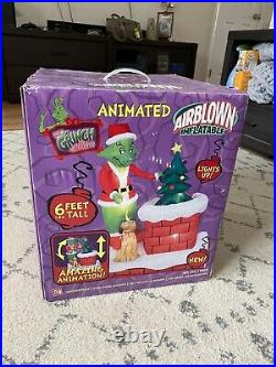 6' Gemmy Animated Airblown Grinch Pulling Xmas Tree Chimney 2007 Yard Inflatable