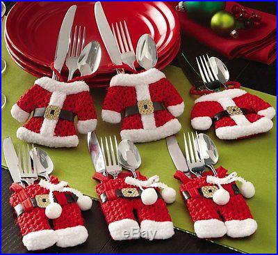 6 Pcs Christmas Decorations Happy Santa Silverware Holders Pockets Dinner Decor