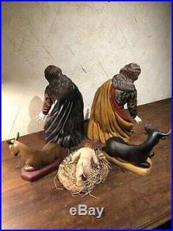 6 Piece Hand Carved Wood Made in Ecuador Nativity Set Mary Joseph Jesus Animals