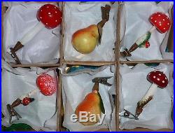 6 Vtg edwardian clip on toadstool & pear Christmas Tree Decorations Boxed L38