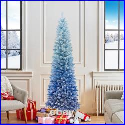 6 ft Blue Gradient Snow Flocked Artificial Pencil Christmas Tree with200 Lights