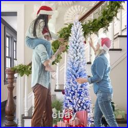 6 ft Blue Gradient Snow Flocked Artificial Pencil Christmas Tree with200 Lights