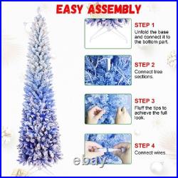 6 ft Blue Gradient Snow Flocked Artificial Pencil Christmas Tree with200 Lights