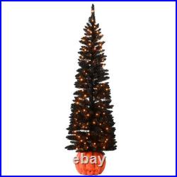 6 ft Halloween Pre-Lit Black Tree with LED Lights, Pumpkin Base, Plug-In