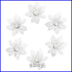 6 x Christmas Tree Xmas Bauble Decorations Ornate 3D Poinsettia Flowers White