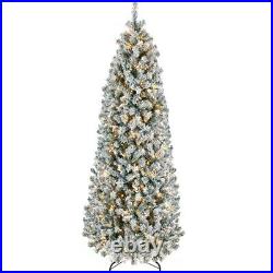 6ft Prelit Snow Flocked Artificial Christmas Tree Pencil Fir Tree with Stand
