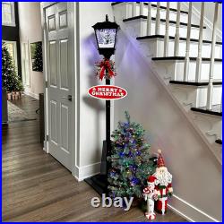 71-In. Musical Snowy Christmas Street Lamp in Black with Christmas Tree Scene, C