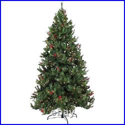 7FT Artificial Christmas Tree Pre-Lit Hinged Branches Faux Berries with Stand