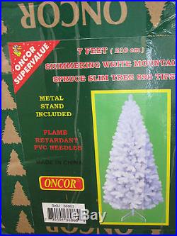 7FT SHIMMERING WHITE MOUNTAIN SPRUCE SLIM CHRISTMAS TREE & STAND / Orig Box /EUC