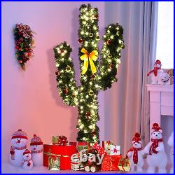 7Ft Cactus Artificial Christmas Tree Pre-Lit withLED Lights and Ball Ornaments