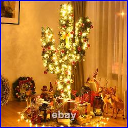 7Ft Cactus Artificial Christmas Tree Pre-Lit withLED Lights and Ball Ornaments