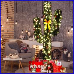 7Ft Pre-Lit Artificial Cactus Christmas Tree withLED Lights and Ball Ornaments