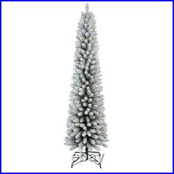 7Ft Pre-Lit Artificial Pencil Christmas Tree Snow Flocked Slim Xmas Tree NEW