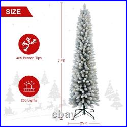7Ft Pre-Lit Artificial Pencil Christmas Tree Snow Flocked Slim Xmas Tree NEW