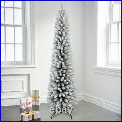 7Ft Pre-Lit Artificial Pencil Christmas Tree Snow Flocked Slim Xmas Tree NEW