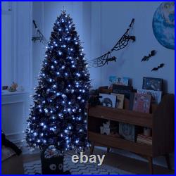 7.5FT Black Prelit Halloween Artificial Christmas Tree 2156 Branch Tip 500 Light