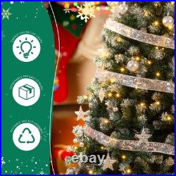 7.5FT Snow Tipped Christmas Tree with 350 Warm Lights & Silver Ribbon for Party