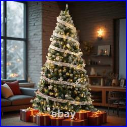 7.5FT Snow Tipped Christmas Tree with 350 Warm Lights & Silver Ribbon for Party