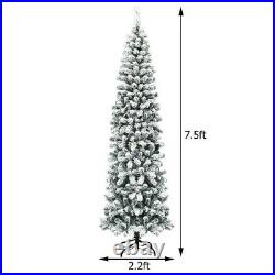 7.5 Ft Pre-lit 350 LED Lights Snow Flocked Hinged Pencil Christmas Tree Lifelike