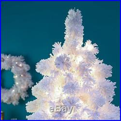 7.5 Ft Slim White Flocked Pre-Lighted Artificial Christmas Tree Set Home Holiday
