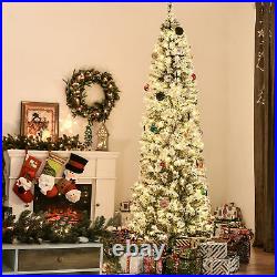7.5′ Pre-Lit Hinged Snow Flocked Pencil Artificial Christmas Tree with LED Lights