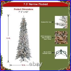 7.5' Prelit Narrow Flocked Pencil Pine Artificial Christmas Tree