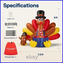 7.5ft Long Thanksgiving Inflatable LED Lighted Turkey with Chick Blow up Outd