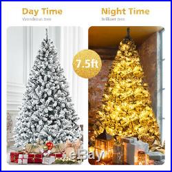 7.5ft Premium Snow Flocked Hinged Artificial Christmas Tree Unlit with Metal Stand