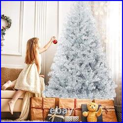 7.5ft Silver Tinsel Artificial Christmas Tree, Unlit Hinged Spruce Full Tree
