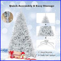7.5ft Silver Tinsel Artificial Christmas Tree, Unlit Hinged Spruce Full Tree