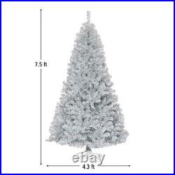 7.5ft Silver Tinsel Artificial Christmas Tree, Unlit Hinged Spruce Full Tree