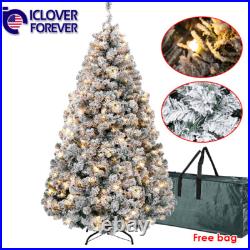 7.5ft Snow Flocked Christmas Tree Pre-Lit White Artificial Fake Hinged LED Light
